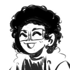 A 3/4 grayscale doodle of the artist making a silly face. He is wearing a black t-shirt under an uncolored sweater. He has a mini afro, an ear piercing and is wearing boxy glasses.